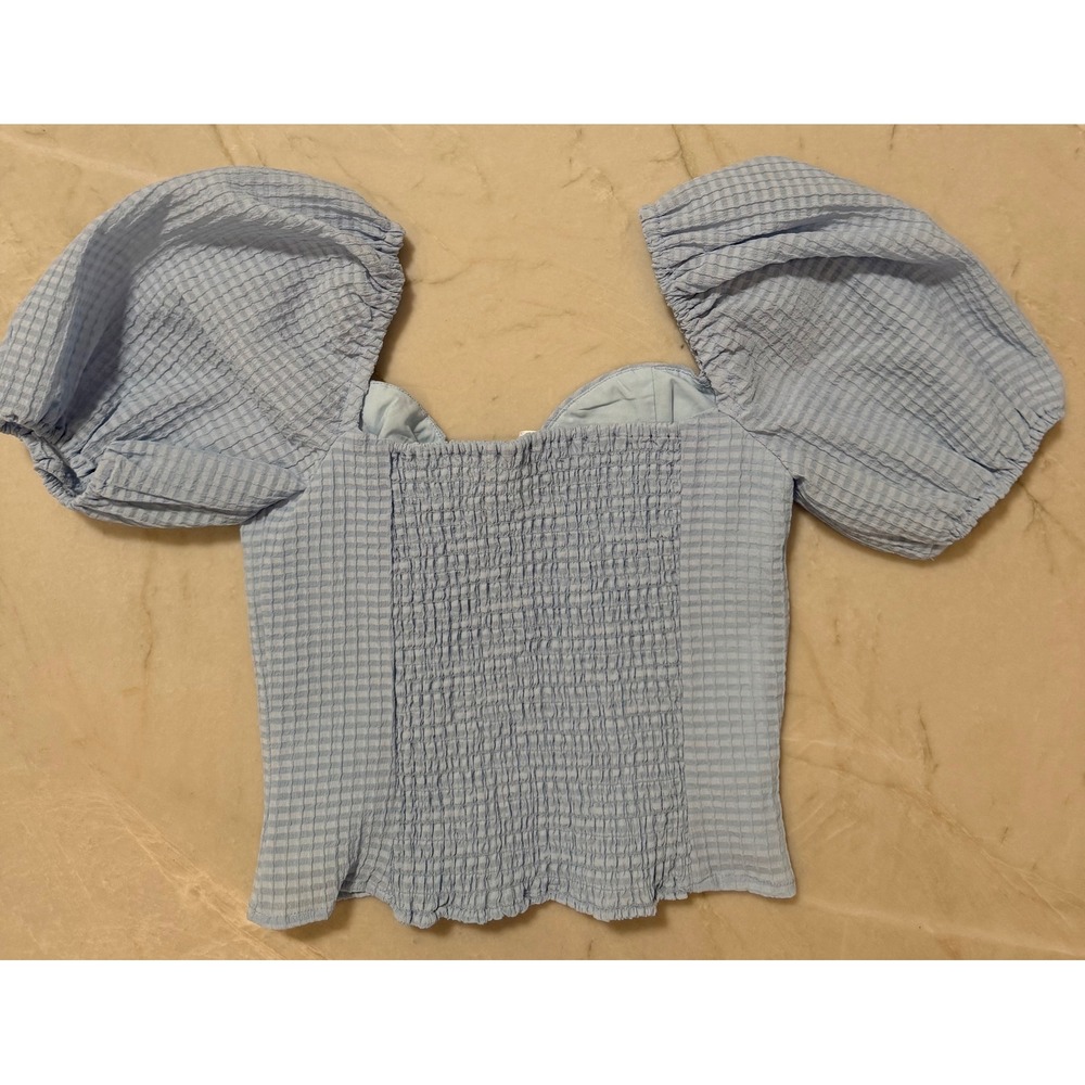 ASTR The Label Daydreamer Blue Seersucker Puff Sleeve Sweetheart Top Womens XS - Picture 10 of 11